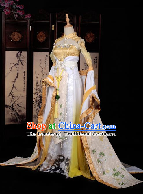 Chinese Ancient Cosplay Han Dynasty Fairy Costumes, Chinese Traditional Golden Embroidery Hanfu Dress Clothing Chinese Cosplay Princess Costume for Women