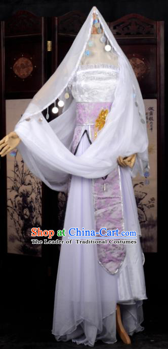 Chinese Ancient Cosplay Tang Dynasty Princess Dance White Dress, Chinese Traditional Hanfu Clothing Chinese Fairy Palace Lady Costume for Women