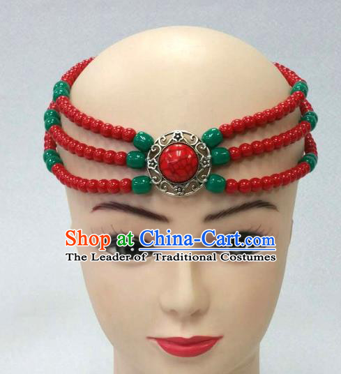 Traditional Handmade Chinese Mongol Nationality Handmade Red Beads Hair Accessories, China Mongols Mongolian Minority Nationality Wedding Headwear for Women