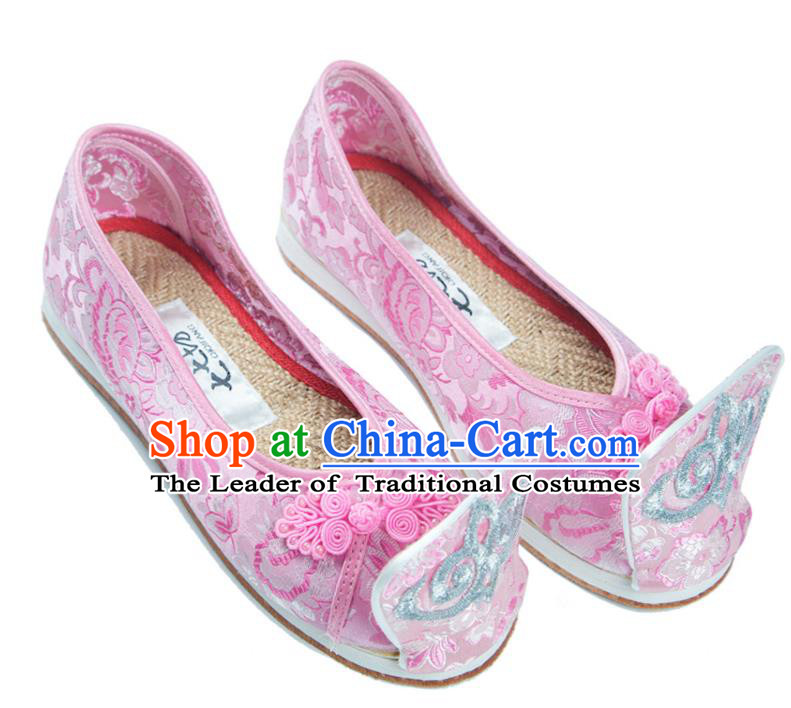 Traditional Chinese Ancient Cloth Shoes, China Princess Satin Shoes Handmade Pink Become Warped Head Shoe for Women