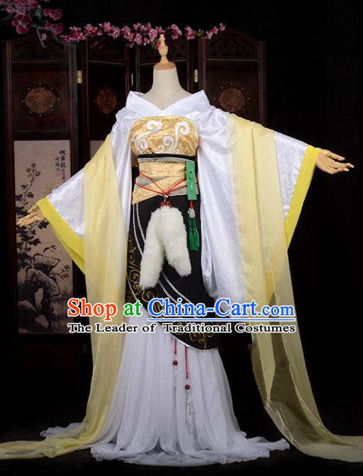 Chinese Ancient Cosplay Tang Dynasty Princess Embroidery Yellow Dress, Chinese Traditional Hanfu Clothing Chinese Fairy Costume for Women