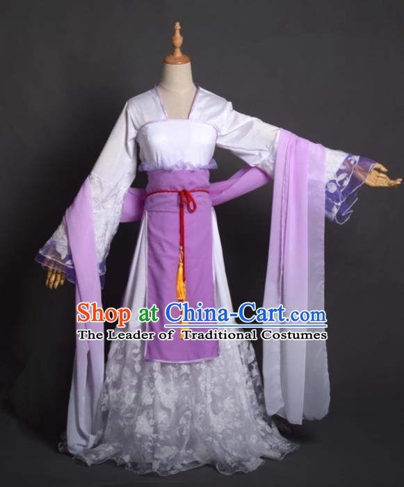 Chinese Ancient Cosplay Tang Dynasty Palace Lady Embroidery Purple Dress, Chinese Traditional Hanfu Clothing Chinese Princess Fairy Costume for Women