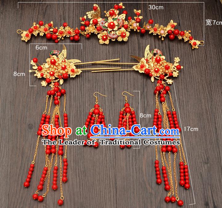 Traditional Handmade Chinese Ancient Classical Hair Accessories Xiuhe Suit Red Beads Hairpin, Step Shake Hair Sticks Hair Jewellery, Hair Fascinators Hairpins for Women