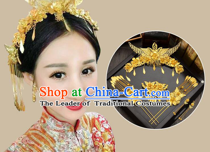 Traditional Handmade Chinese Ancient Classical Hair Accessories Xiuhe Suit Golden Hairpin Complete Set, Tassel Step Shake Hair Sticks Hair Jewellery Hair Fascinators for Women