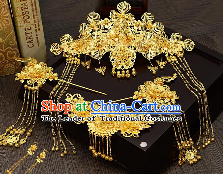 Traditional Handmade Chinese Ancient Classical Hair Accessories Xiuhe Suit Golden Tassel Step Shake Hairpin Complete Set, Hair Sticks Hair Jewellery Hair Fascinators for Women