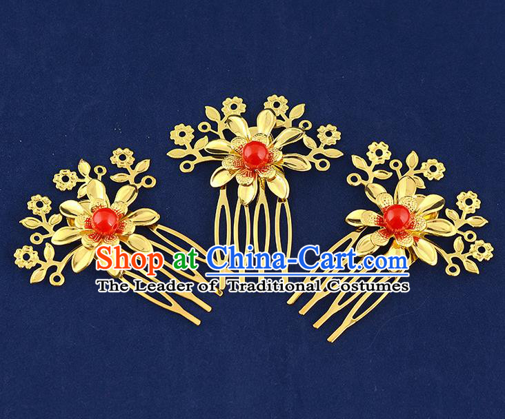 Traditional Handmade Chinese Ancient Classical Hair Accessories Xiuhe Suit Red Bead Golden Flower Hairpin Hair Comb, Hair Sticks Hair Jewellery Hair Fascinators for Women