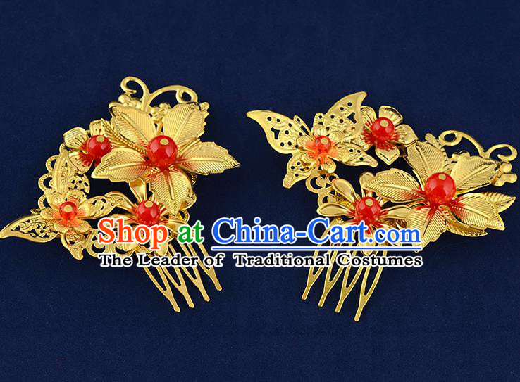 Traditional Handmade Chinese Ancient Classical Hair Accessories Xiuhe Suit Golden Butterfly Flower Hairpin Hair Comb, Hair Sticks Hair Jewellery Hair Fascinators for Women