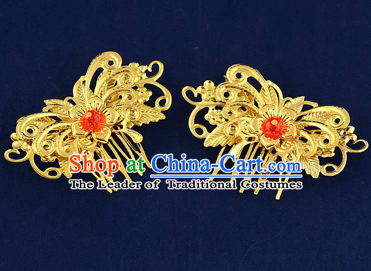 Traditional Handmade Chinese Ancient Classical Hair Accessories Xiuhe Suit Golden Butterfly Flower Hairpin Hair Comb, Hair Sticks Hair Jewellery Hair Fascinators for Women