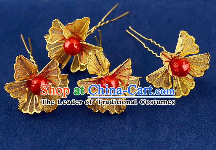 Traditional Handmade Chinese Ancient Classical Hair Accessories Xiuhe Suit Golden Flower Hairpin Hair Comb, Hair Sticks Hair Jewellery Hair Fascinators for Women