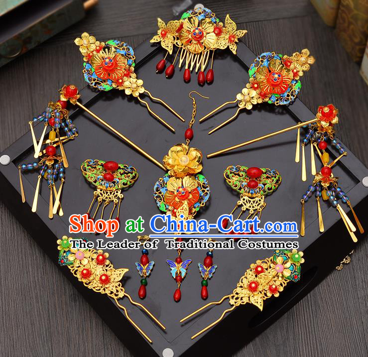 Traditional Handmade Chinese Ancient Classical Hair Accessories Xiuhe Suit Hairpin Cloisonn Phoenix Coronet Complete Set, Hair Sticks Hair Jewellery Hair Fascinators for Women