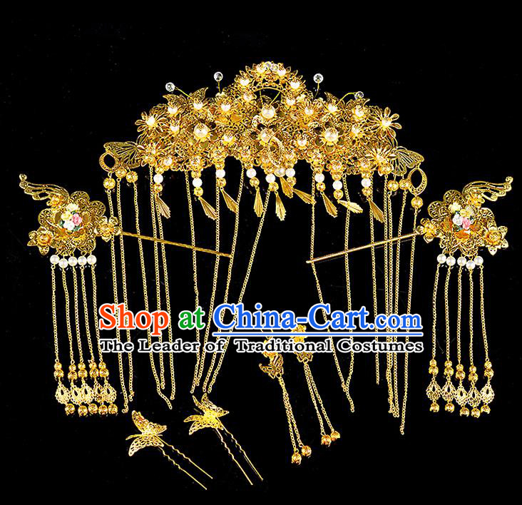 Traditional Handmade Chinese Ancient Classical Hair Accessories Xiuhe Suit Golden Butterfly Pearl Tassel Hairpin Phoenix Coronet Complete Set, Hair Sticks Hair Jewellery Hair Fascinators for Women