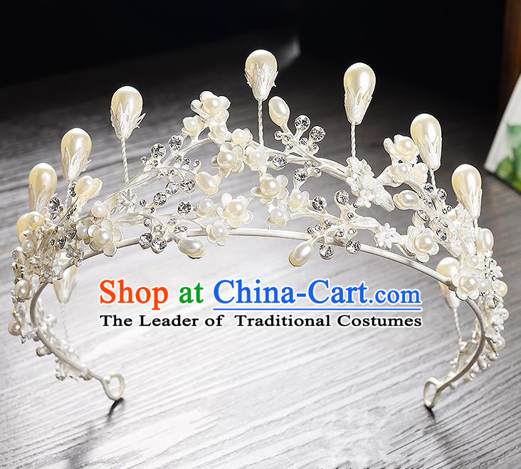 Top Grade Handmade Chinese Classical Hair Accessories Baroque Style Headband White Pearls Princess Royal Crown, Hair Sticks Hair Jewellery Hair Clasp for Women