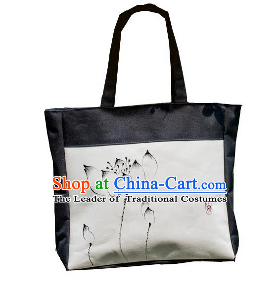 Traditional Handmade Chinese Printing Lotus Bags, China Ancient Canvas Handbags for Women