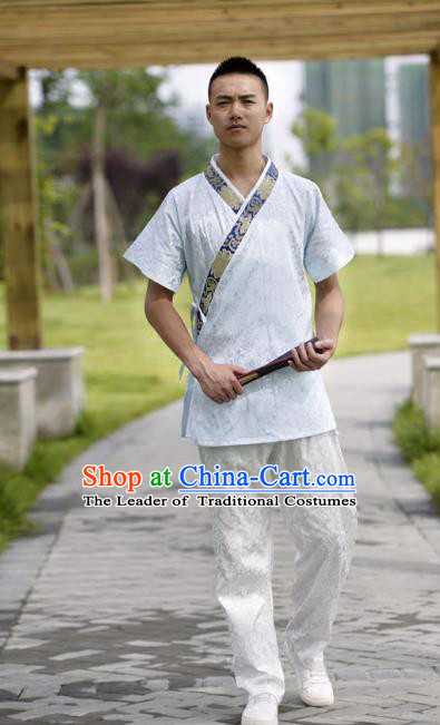 Traditional Chinese Han Dynasty Nobility Childe Hanfu Costume Slant Opening White Satin Shirt, China Ancient Martial Arts Upper Garment Clothing for Men