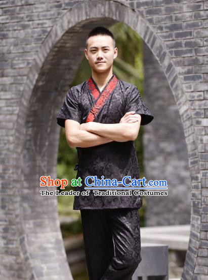 Traditional Chinese Han Dynasty Nobility Childe Hanfu Costume Slant Opening Black Satin Shirt, China Ancient Martial Arts Upper Garment Clothing for Men