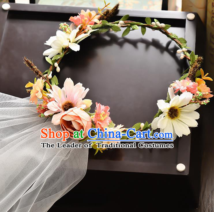 Top Grade Handmade Chinese Classical Hair Accessories Baroque Style Wedding White Flowers Headband and Veil, Bride Hair Sticks Hair Clasp for Women