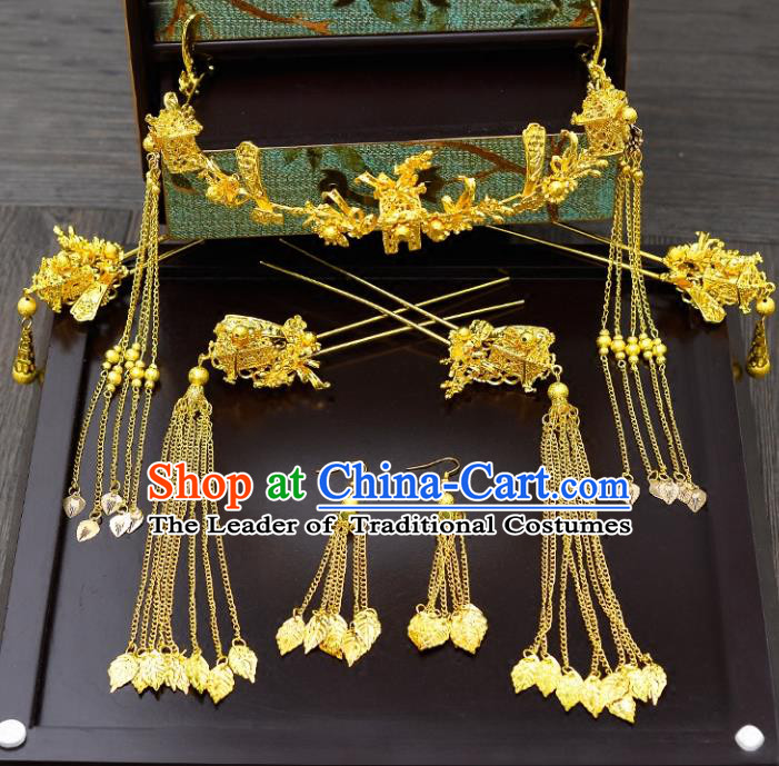 Traditional Handmade Chinese Ancient Classical Hair Accessories Xiuhe Suit Golden Tassel Hairpin Phoenix Coronet Complete Set, Hair Sticks Hair Jewellery Hair Fascinators for Women