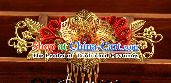 Traditional Handmade Chinese Ancient Classical Hair Accessories Xiuhe Suit Golden Tassel Hair Comb, Hair Sticks Hair Jewellery Hair Fascinators for Women