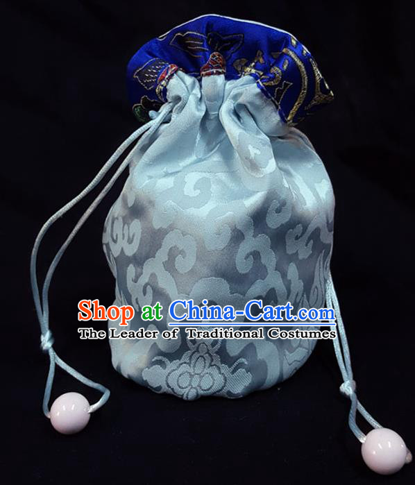 Traditional Handmade Chinese Ancient Young Lady Pouch Blue Handbags, China Hanfu Embroidery Satin Sachet for Women