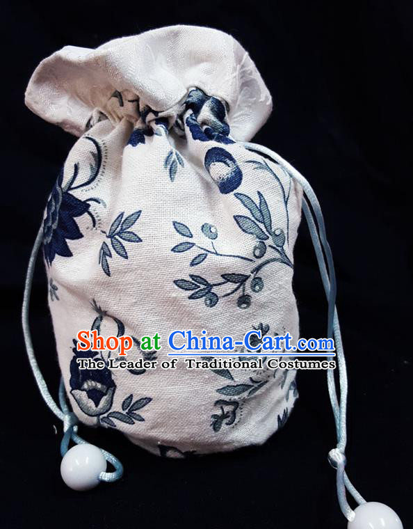 Traditional Handmade Chinese Ancient Young Lady Pouch White Linen Handbags, China Hanfu Embroidery Sachet for Women