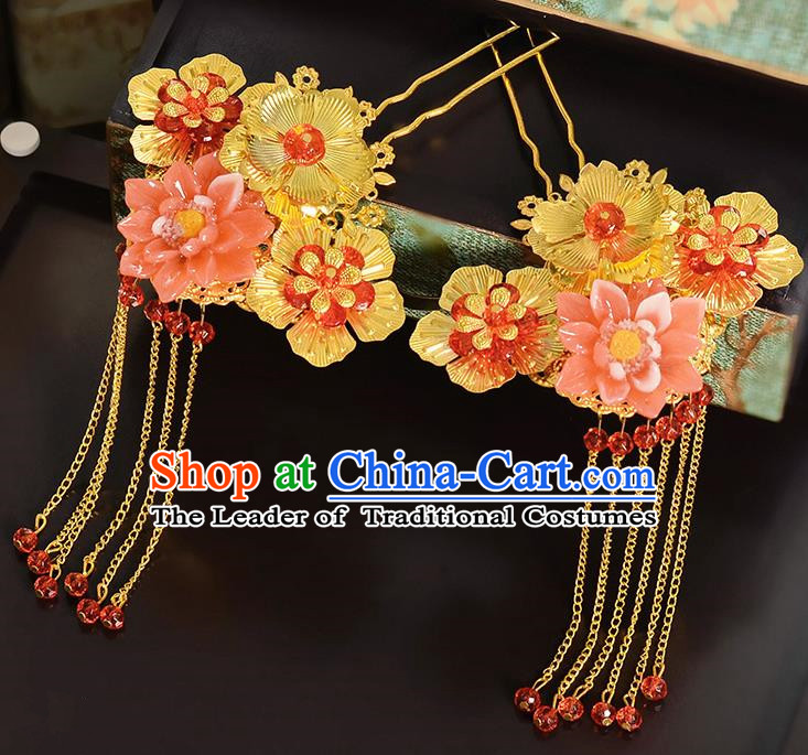 Traditional Handmade Chinese Ancient Classical Hair Accessories Barrettes Hanfu Hairpin Pink Flower Tassel Step Shake, Bride Hair Fascinators Hairpins for Women