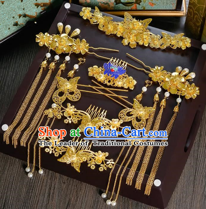 Traditional Handmade Chinese Ancient Classical Hair Accessories Xiuhe Suit Cloisonn Golden Tassel Hairpin Phoenix Coronet Complete Set, Hair Sticks Hair Jewellery Hair Fascinators for Women