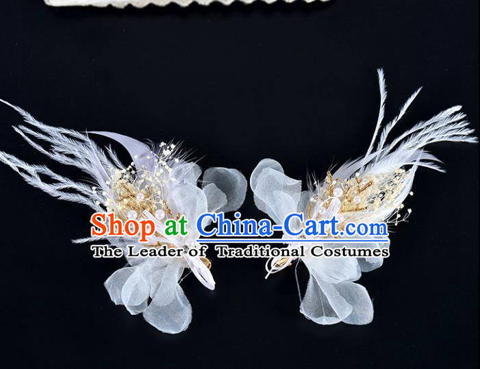 Top Grade Handmade Chinese Classical Hair Accessories Baroque Style Wedding White Feather Hair Sticks, Bride Hair Claw Hair Clasp for Women