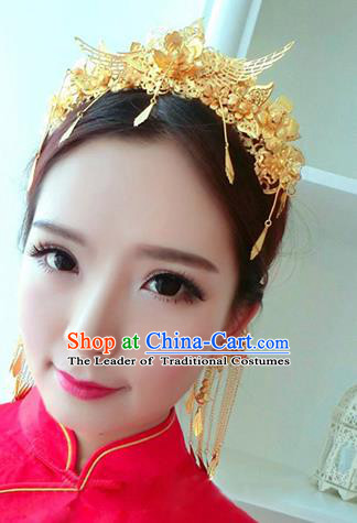 Traditional Handmade Chinese Ancient Wedding Hair Accessories Xiuhe Suit Golden Tassel Step Shake Phoenix Coronet Complete Set, Bride Hair Sticks Hair Jewellery for Women