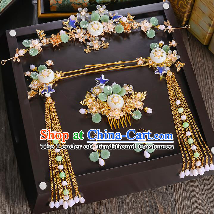 Traditional Handmade Chinese Ancient Wedding Hair Accessories Xiuhe Suit Phoenix Coronet Hair Comb Complete Set, Bride Hanfu Hairpins Hair Sticks Hair Jewellery for Women