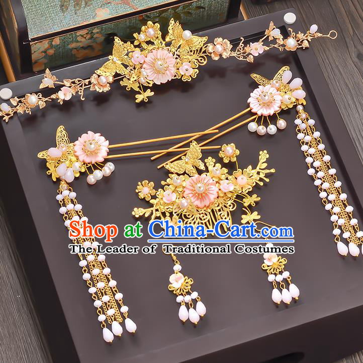 Traditional Handmade Chinese Ancient Wedding Hair Accessories Xiuhe Suit Pink Flowers Pearls Tassel Step Shake Complete Set, Bride Hanfu Hairpins Hair Sticks Hair Jewellery for Women