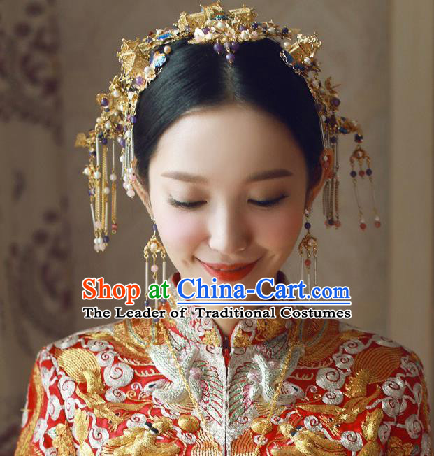 Traditional Handmade Chinese Ancient Wedding Hair Accessories Xiuhe Suit Phoenix Coronet Complete Set, Bride Tassel Step Shake Hanfu Hairpins Hair Sticks Hair Jewellery for Women