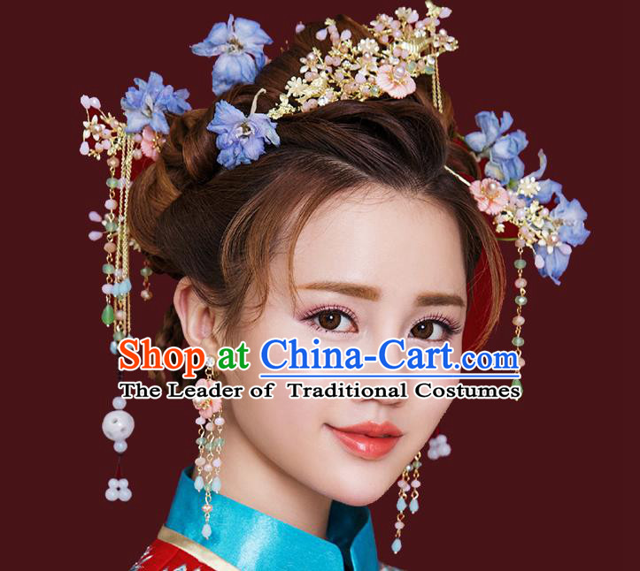 Traditional Handmade Chinese Ancient Wedding Hair Accessories Xiuhe Suit Pink Flowers Phoenix Coronet Complete Set, Bride Tassel Step Shake Hanfu Hairpins Hair Sticks Hair Jewellery for Women