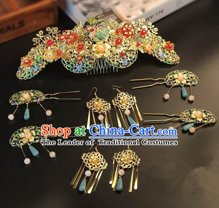 Traditional Handmade Chinese Ancient Classical Hair Accessories Xiuhe Suit Cloisonn Hairpin Phoenix Coronet Complete Set, Step Shake Hair Sticks Hair Jewellery for Women