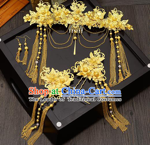 Traditional Handmade Chinese Ancient Wedding Hair Accessories Xiuhe Suit Golden Tassel Frontlet Phoenix Coronet Complete Set, Bride Hair Sticks Hair Jewellery for Women