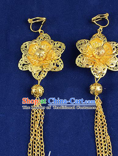 Top Grade Handmade Chinese Classical Jewelry Accessories Xiuhe Suit Wedding Golden Flower Earrings Bride Tassel Eardrop for Women