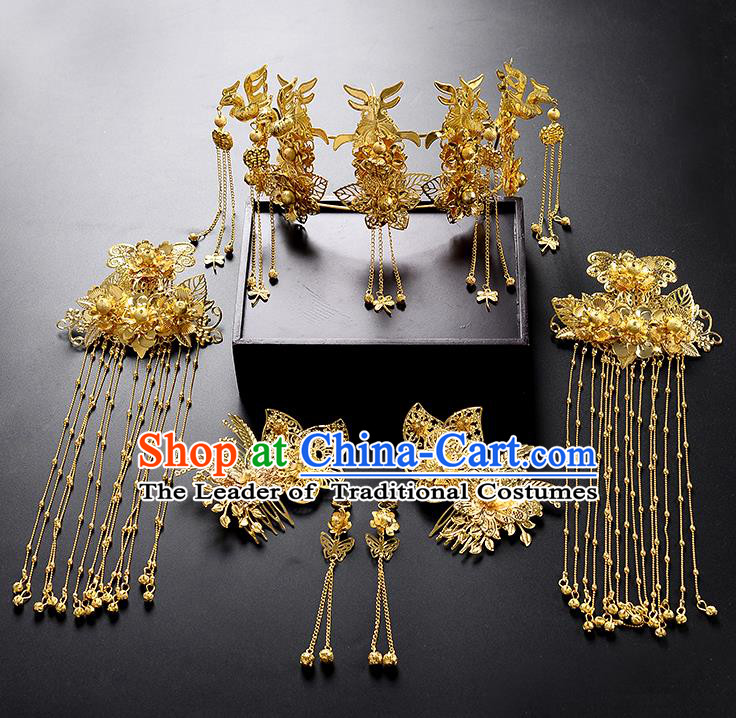 Traditional Handmade Chinese Ancient Wedding Hair Accessories Xiuhe Suit Tassel Phoenix Coronet Complete Set, Bride Hanfu Hair Sticks Hair Jewellery for Women