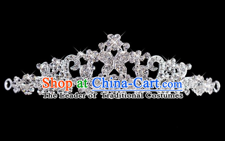 Top Grade Handmade Chinese Classical Hair Accessories Baroque Style Wedding Crystal Butterfly Royal Crown, Bride Princess Hair Kether Jewellery Hair Clasp for Women