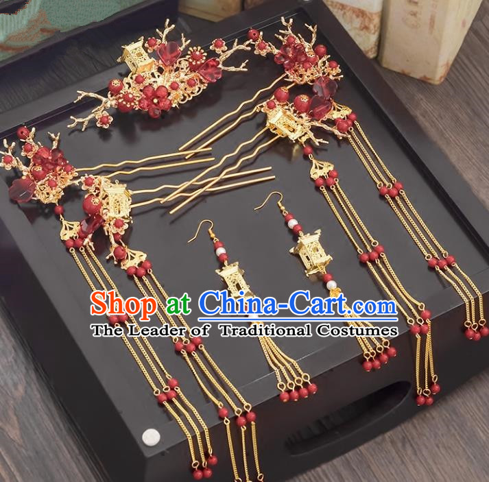 Traditional Handmade Chinese Ancient Wedding Hair Accessories Xiuhe Suit Red Beads Phoenix Coronet Complete Set, Bride Tassel Step Shake Hanfu Hairpins Hair Sticks Hair Jewellery for Women