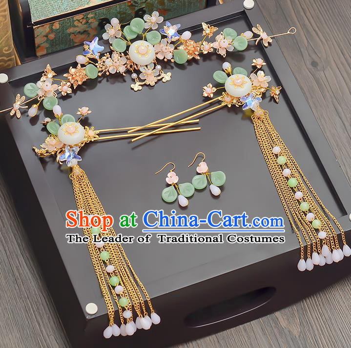 Traditional Handmade Chinese Ancient Wedding Hair Accessories Xiuhe Suit Jade Phoenix Coronet Complete Set, Bride Tassel Step Shake Hanfu Hairpins Hair Sticks Hair Jewellery for Women