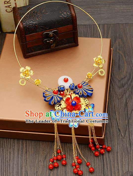 Top Grade Handmade Chinese Classical Jewelry Accessories Xiuhe Suit Wedding Blueing Butterfly Tassel Necklace Bride Hanfu Necklet for Women