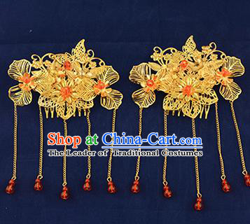 Traditional Handmade Chinese Ancient Wedding Hair Accessories Xiuhe Suit Tassel Hairpins Golden Hair Stick, Bride Step Shake Hanfu Hair Fascinators for Women