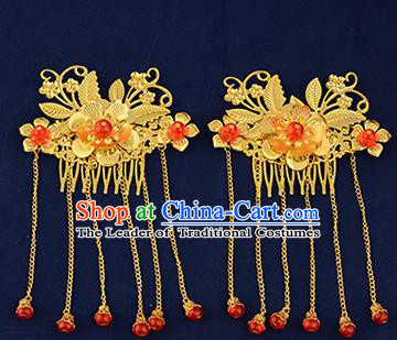 Traditional Handmade Chinese Ancient Wedding Hair Accessories Xiuhe Suit Tassel Hairpins Golden Hair Stick, Bride Step Shake Hanfu Hair Fascinators for Women