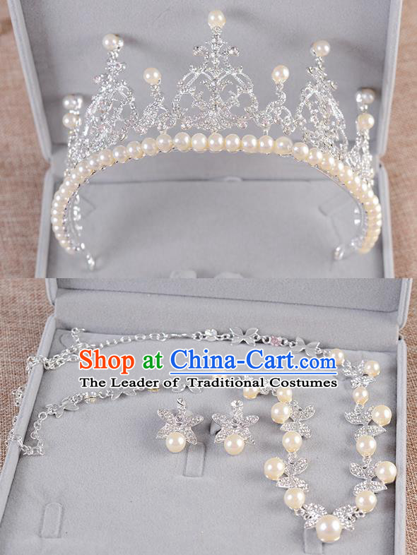 Top Grade Handmade Chinese Classical Jewelry Accessories Queen Wedding Crystal Pearls Royal Crown Earrings and Necklace Bride Ornaments for Women