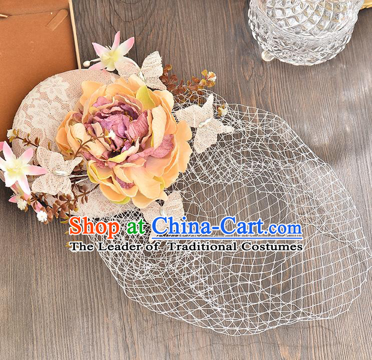 Top Grade Handmade Chinese Classical Hair Accessories Princess Wedding Pink Flower Veil Hat Top Hat Bride Headwear for Women