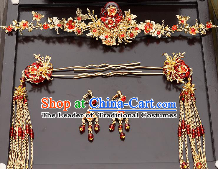 Traditional Handmade Chinese Ancient Wedding Hair Accessories Xiuhe Suit Red Flower Phoenix Coronet Complete Set, Bride Tassel Step Shake Hanfu Hair Fascinators for Women