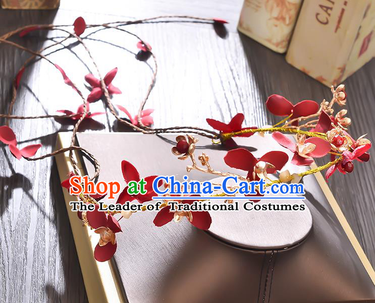 Top Grade Handmade Chinese Classical Hair Accessories Princess Wedding Red Flowers Hair Clasp Headband Bride Headwear for Women