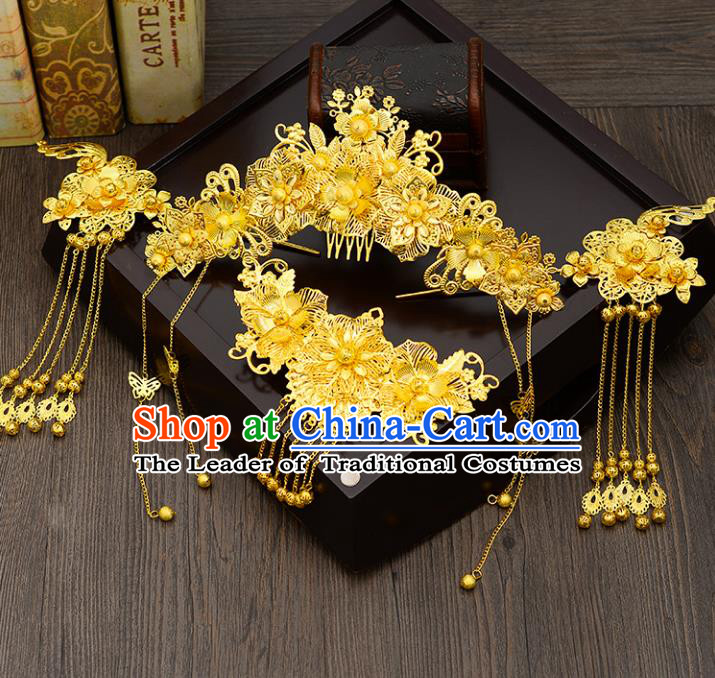 Traditional Handmade Chinese Ancient Wedding Hair Accessories Xiuhe Suit Golden Phoenix Coronet Hair Comb Complete Set, Bride Step Shake Hanfu Hair Fascinators for Women