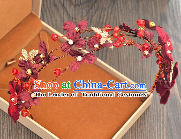 Top Grade Handmade Chinese Classical Hair Accessories Princess Wedding Wine Red Flowers Hair Clasp Hair Stick Bride Headwear for Women