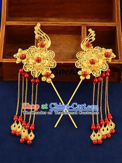 Traditional Handmade Chinese Ancient Wedding Hair Accessories Xiuhe Suit Ancient Costume Golden Phoenix Hairpins, Bride Step Shake Hanfu Hair Sticks Hair Fascinators for Women