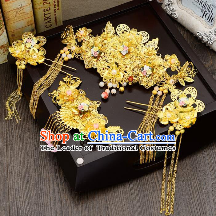 Traditional Handmade Chinese Ancient Wedding Hair Accessories Complete Set Xiuhe Suit Golden Phoenix Coronet, Bride Palace Lady Step Shake Hanfu Hairpins for Women